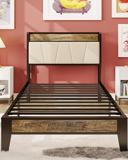 LIKIMIO Twin XL Bed Frames, Storage Headboard with Charging Station, Solid and Stable, Noise Free, No Box Spring Needed, Easy Assembly (Walnut and Beige) - LeafyLoom
