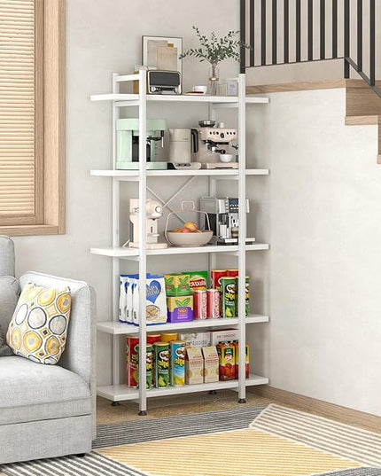 Bookshelf 5 Tiers White Wooden Storage Shelf,Modern Open Display Storage Bookcase Book Organizer,Metal Bookshelf Standing Storage Shelf Tall Shelving Units for Home Office Study - LeafyLoom
