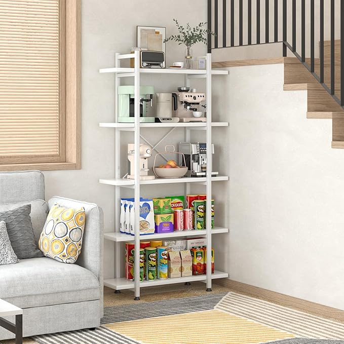 Bookshelf 5 Tiers White Wooden Storage Shelf,Modern Open Display Storage Bookcase Book Organizer,Metal Bookshelf Standing Storage Shelf Tall Shelving Units for Home Office Study - LeafyLoom