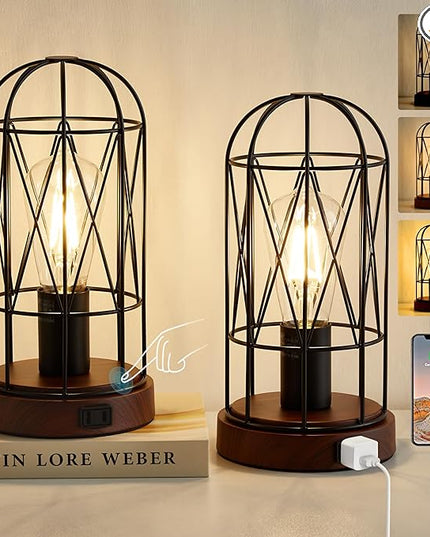 Vintage Rustic Desk Lamp Set of 2,Small Industrial Table Lamp 3 Way Dimmable Touch Control Edison Lamp with AC Outlet Bedside Lamp Metal Cage Steampunk Nightstand Lamp for Bedroom Living Room - LeafyLoom