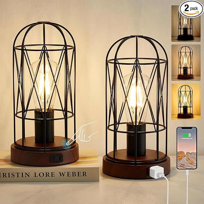 Vintage Rustic Desk Lamp Set of 2,Small Industrial Table Lamp 3 Way Dimmable Touch Control Edison Lamp with AC Outlet Bedside Lamp Metal Cage Steampunk Nightstand Lamp for Bedroom Living Room - LeafyLoom
