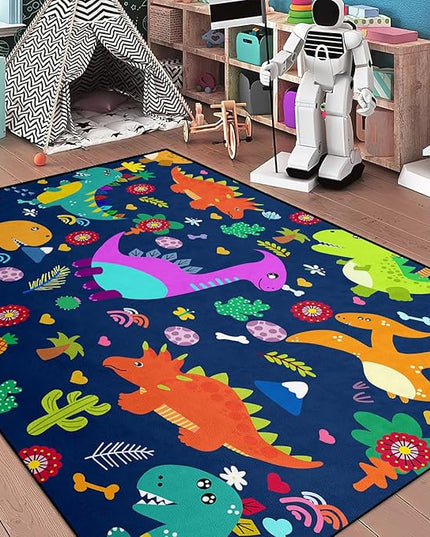 Dinosaur Rugs for Boys Bedroom Dinosaur Play Rug Kids Room Rug Dinosaur Area Rug Cartoon Dinosaur Carpet Cute Dinosaur Mat Dinosaur Rug for Living Room Bedroom Playroom, Blue 2'5''×4' - LeafyLoom