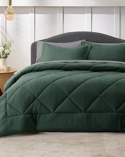 Bedsure Forest Green Full Size Comforter Set - 7 Pieces Reversible Full Bed in a Bag, Full Bed Set Forest Green and Grey with Comforters, Sheets, Pillowcases & Shams - LeafyLoom