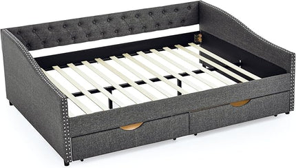 Queen Size Daybed with 2 Drawers, Upholstered Tufted Day Bed, with Button Back and Waved Shape Arms, Wood Slat Support, No Spring Box Need, for Bedroom, Livingroom - LeafyLoom