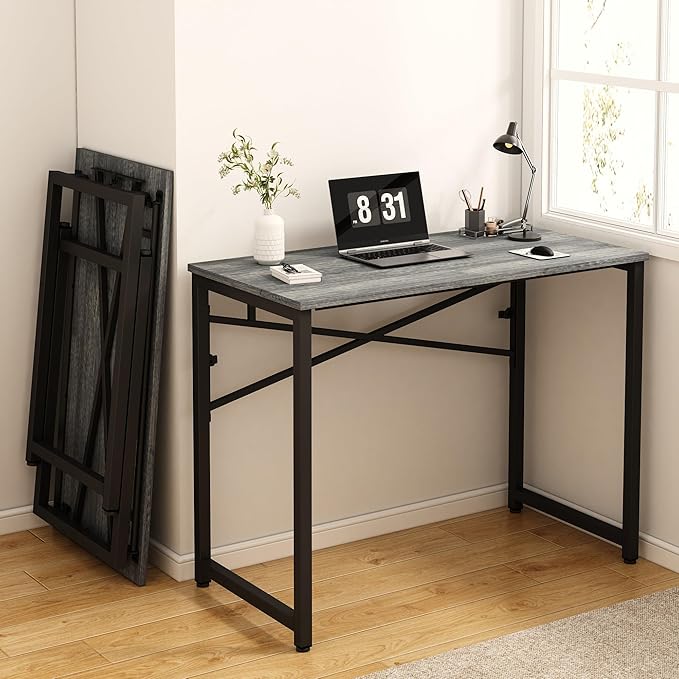 39 Inch Foldable Computer Desk, Folding Space-Saving Home Office Table, Study Writing Gaming Workstation for Small Space, No Assembly Needed,Grey Oak - LeafyLoom