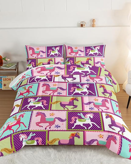 HOSIMA 3Pcs Kawaii Kids Horse Comforter Set with 2 Pillowcases,Colorful Dots Style Comforter for Adults Teens Princess Toddler Bedding Set,Horse Pony King Size Comforter Set. - LeafyLoom