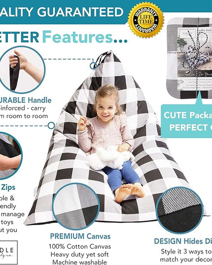Stuffed Animal Bean Bag Storage - Machine Washable Bean Bag Chair for Kids - Extra Large Cover for Stuffing with Plush Toys, Pillows, Soft Items - Stuffed Animal Holder for Boys & Girls - Gingham - LeafyLoom