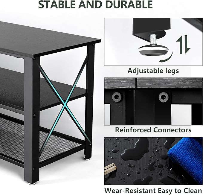 Clikuutory Modern Black 63 inch Metal TV Stand with LED Lights and Power Outlets for 40 50 55 60 65 70 Inch TVs, 3 Tier Television Stands with Entertainment Center and Storage for Living Room, Bedroom - LeafyLoom