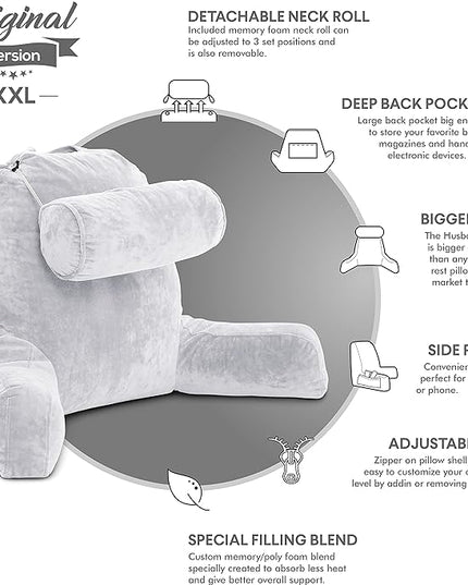 Husband Pillow XXL Light Grey Backrest with Arms - Adult Reading Pillow Shredded Memory Foam, Ultra-Comfy Removable Microplush Cover & Detachable Neck Roll, Unmatched Support Sit Up Bed Rest Chair - LeafyLoom