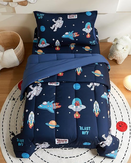 beeweed 5 Piece Kid Comforter Set Twin Size, Space Rocket & Astronaut Bedding Set for Teen Boys Girls - LeafyLoom