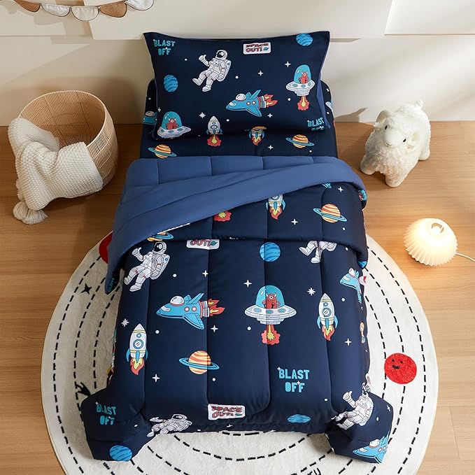 beeweed 5 Piece Kid Comforter Set Twin Size, Space Rocket & Astronaut Bedding Set for Teen Boys Girls - LeafyLoom