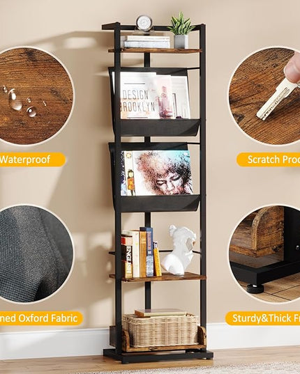 Bookshelf 5-Tier Book shelf: Tall Narrow Bookshelf Bookcase, Industrial Modern Sturdy Display Bookshelves for Small Spaces, Rustic Brown - LeafyLoom