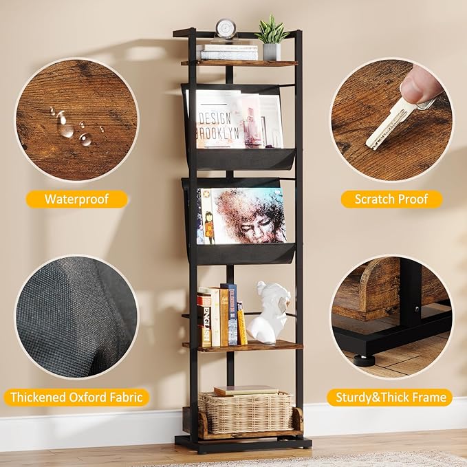 Bookshelf 5-Tier Book shelf: Tall Narrow Bookshelf Bookcase, Industrial Modern Sturdy Display Bookshelves for Small Spaces, Rustic Brown - LeafyLoom