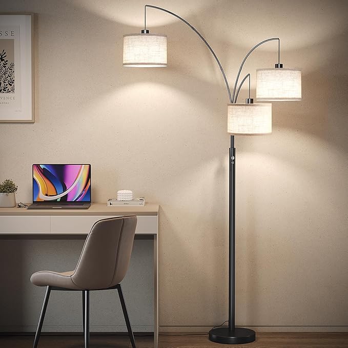 SUNMORY 3 Lights Floor Lamp for Living Room, 78" Tall Standing Lamp with Hanging Drum Shade, Modern Arc Floor Lamps with Heavy Base, Mid Century Arched Tree Floor Lamp for Bedroom, Office, Corner - LeafyLoom