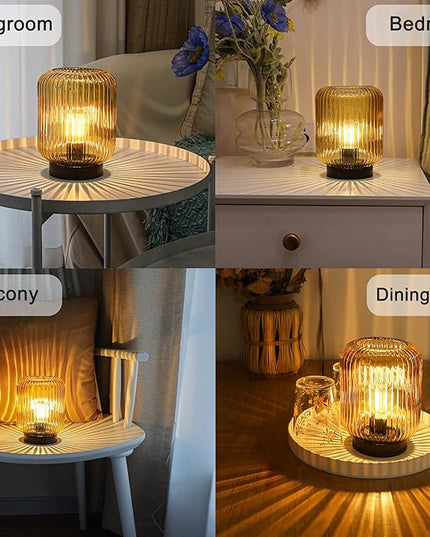 Battery Operated Lamp, Cordless Table Lamps for Home Decor, Battery Powered Nightlight with LED Bulb, Decorative Glass Beside Lamp for Bedroom Living Room-Gold - LeafyLoom