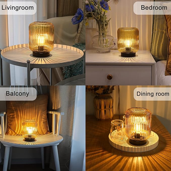 Battery Operated Lamp, Cordless Table Lamps for Home Decor, Battery Powered Nightlight with LED Bulb, Decorative Glass Beside Lamp for Bedroom Living Room-Gold - LeafyLoom