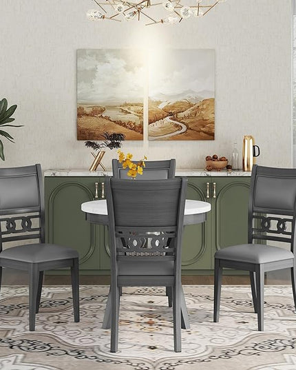 5-Piece Retro Round Dining Table Set with Faux Marble Veneer and Bottom Shelf, 4 PU Leather Upholstered Chairs, for Kitchen, Breakfast Nook, Bar, Living Room, Gray, 35" L x 35" W x 30" H - LeafyLoom