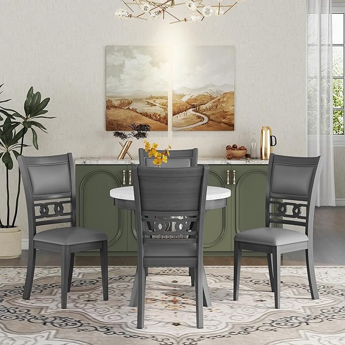 5-Piece Retro Round Dining Table Set with Faux Marble Veneer and Bottom Shelf, 4 PU Leather Upholstered Chairs, for Kitchen, Breakfast Nook, Bar, Living Room, Gray, 35" L x 35" W x 30" H - LeafyLoom