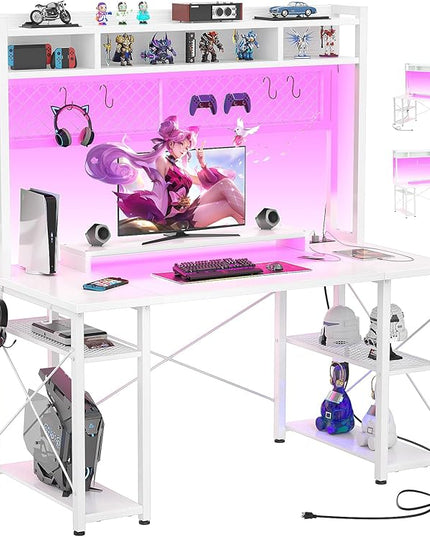 armocity 2024 Upgrade Gaming Desk with Hutch, 48'' Magic Computer Desk with LED Lights and Outlets, Reversible Workstation Desk with Pegboard and Monitor Stand, 48 Gamer Desk PC Table, White - LeafyLoom