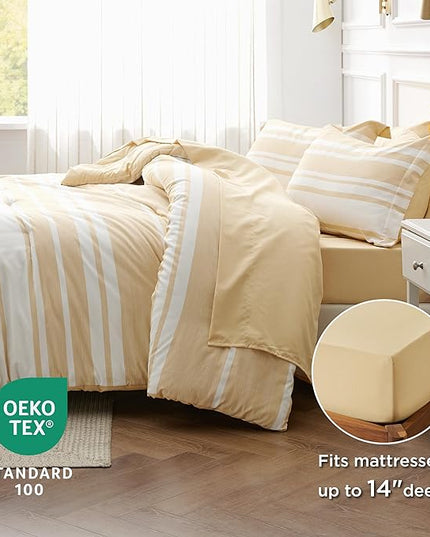 Bedsure Bed in a Bag King Size 7-Piece Yellow White Striped Bedding Comforter Sets All Season Bed Set, 2 Pillow Shams, Flat Sheet, Fitted Sheet and 2 Pillowcases - LeafyLoom