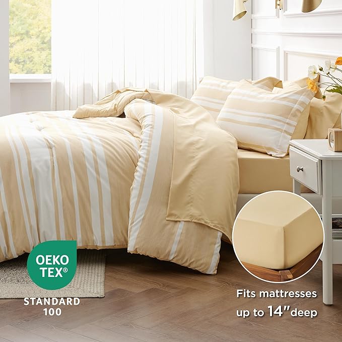 Bedsure Bed in a Bag Queen Size 7-Piece Yellow White Striped Bedding Comforter Sets All Season Bed Set, 2 Pillow Shams, Flat Sheet, Fitted Sheet and 2 Pillowcases - LeafyLoom