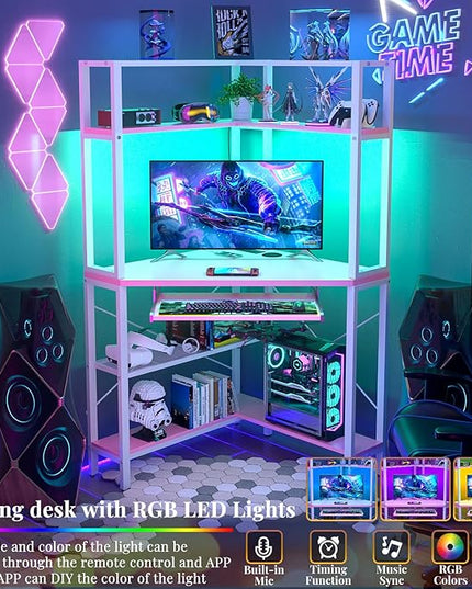 Cyclysio Small Corner Desk with Hutch, Corner Gaming Desk with LED Light & Power Outlets, Computer Desk with Keyboard Tray, Triangel Desk for Small Space, Home Office, Workstation, Pink - LeafyLoom