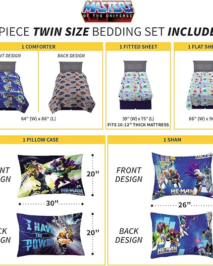 Franco Kids Bedding Super Soft Comforter and Sheet Set with Sham, 5 Piece Twin Size, He-Man and the Masters of the Universe - LeafyLoom