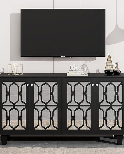 Merax Buffet Cabinet with Adjustable Shelves, 4-Door Mirror Hollow-Carved TV Stand for Television Up to 65 inches, Multi-Functional Console Table with Storage Credenza for Living Room, Black - LeafyLoom
