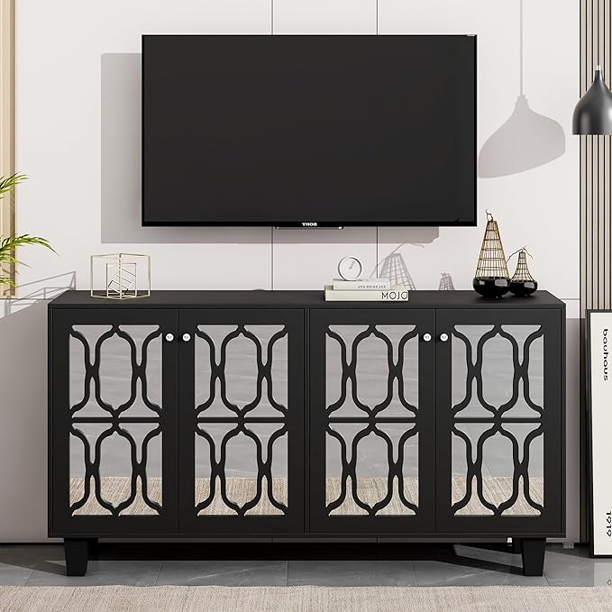 Merax Buffet Cabinet with Adjustable Shelves, 4-Door Mirror Hollow-Carved TV Stand for Television Up to 65 inches, Multi-Functional Console Table with Storage Credenza for Living Room, Black - LeafyLoom