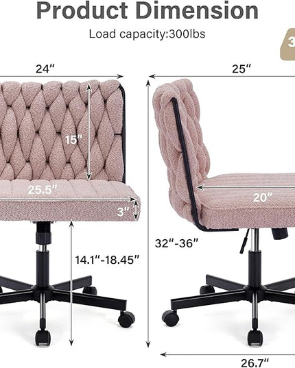 Criss Cross Legged Office Desk Chair with Wheels, Modern Armless Desk Chair with Wide Seat, Home Office Chair for Work, Meditation, Vanity, Pink - LeafyLoom