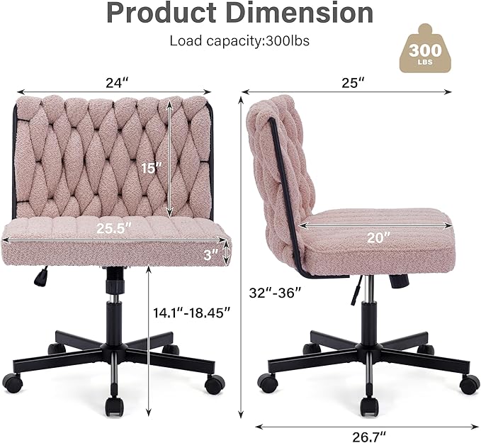 Criss Cross Legged Office Desk Chair with Wheels, Modern Armless Desk Chair with Wide Seat, Home Office Chair for Work, Meditation, Vanity, Pink - LeafyLoom