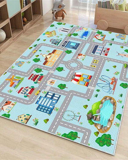 Kids Car Rug,4x6 City Life Traffic Road Playmat for Toy Cars Trains, Non-Slip Race Track Carpet Educational Fun Area Rugs for Boy and Girl Bedroom Nursery - LeafyLoom