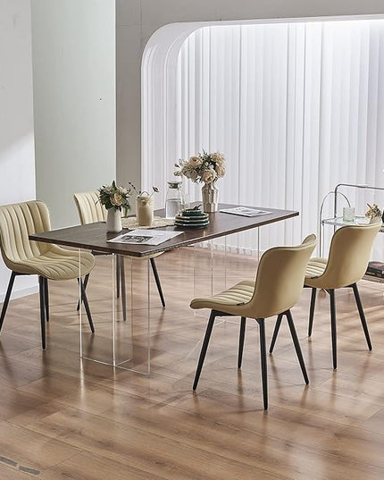 YOUNUOKE Beige Dining Chairs Set of 2 Upholstered Mid Century Kitchen Chairs Armless Faux Leather Modern Side Chair with Padded Backs Metal Legs for Living Room Bedrooms - LeafyLoom