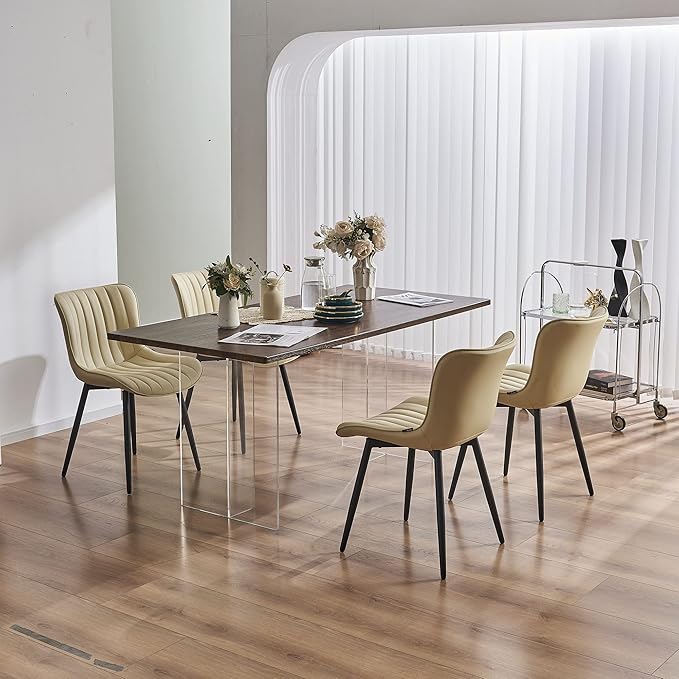 YOUNUOKE Beige Dining Chairs Set of 2 Upholstered Mid Century Kitchen Chairs Armless Faux Leather Modern Side Chair with Padded Backs Metal Legs for Living Room Bedrooms - LeafyLoom