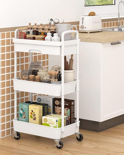 3-Tier Rolling Cart，Trolley with Drawer, Multifunctional Storage Organizer with Plastic Shelf & Metal Wheels, Kitchen Storage Cart for Living Room, Kitchen, Office, Bathroom, White - LeafyLoom