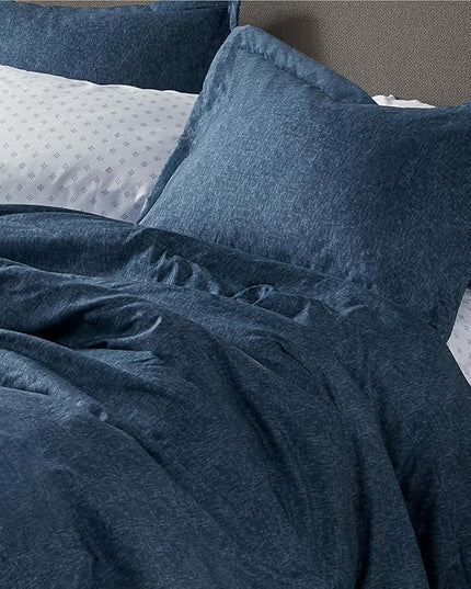 Chambray Queen Comforter Set - Blue Denim Queen Size Bedding Sets, 7 Pieces Soft Bedding for All Seasons with Comforter, Sheets, Pillowcases & Shams - LeafyLoom