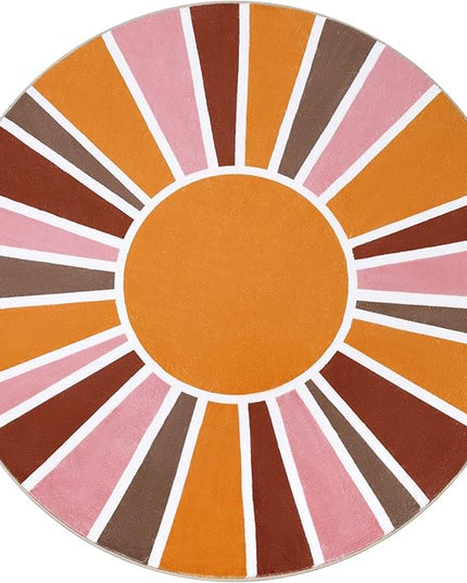 Topotdor Sun Rainbow Round Rug 4ft Boho Kids Nursery Rug, Colorful Washable Area Rug Ultra Soft Circle Classroom Rug Non-Slip for Bedroom Living Room Playroom Decor, Pink - LeafyLoom