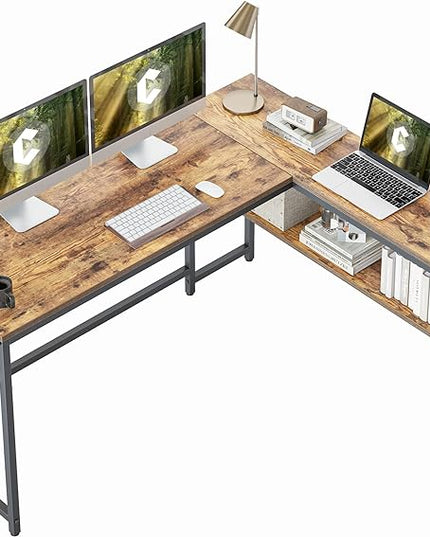 CubiCubi L Shaped Desk, 55.1 inch Corner Computer Desk with Storage Shelves, Home Office Desk with Bookshelf for Writing Gaming Study, Rustic Brown - LeafyLoom
