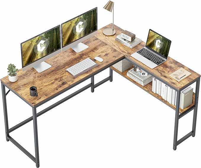 CubiCubi L Shaped Desk, 55.1 inch Corner Computer Desk with Storage Shelves, Home Office Desk with Bookshelf for Writing Gaming Study, Rustic Brown - LeafyLoom