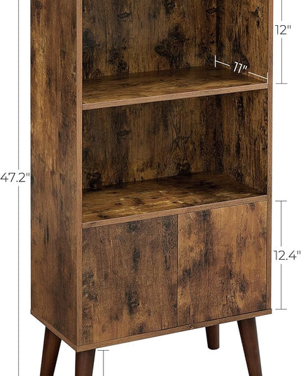 VASAGLE Bookcase, 2-Tier Retro Bookshelf with Doors, Storage Cabinet for Books, Photos, Decorations in Living Room, Office, Study, Mid-Century Style, Rustic Brown ULBC09BX - LeafyLoom