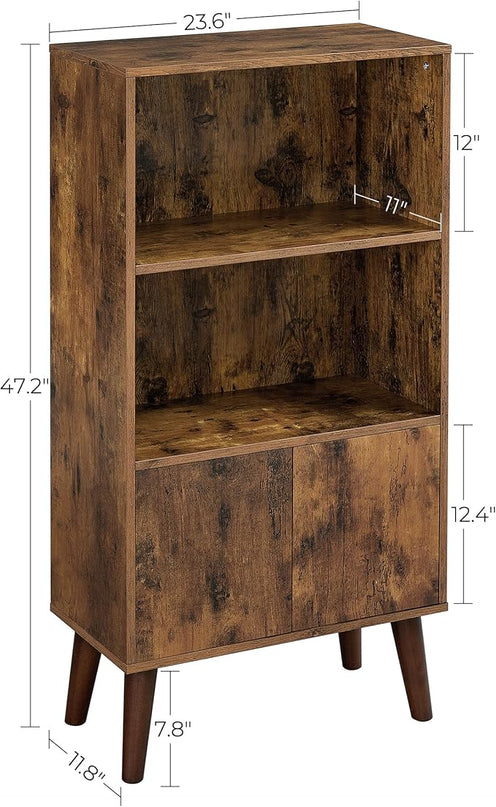 VASAGLE Bookcase, 2-Tier Retro Bookshelf with Doors, Storage Cabinet for Books, Photos, Decorations in Living Room, Office, Study, Mid-Century Style, Rustic Brown ULBC09BX - LeafyLoom