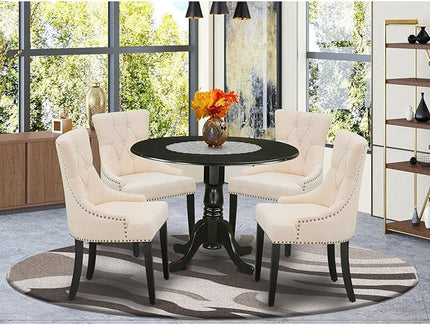 East West Furniture DLFR5-BLK-02 Nook Kitchen Table Set - 4 Parson Dining Room Chairs with Light Beige Linen Fabric Seat and Button tufted Back - Drop Leaves Pedestal Kitchen Table (Black Finish) - LeafyLoom