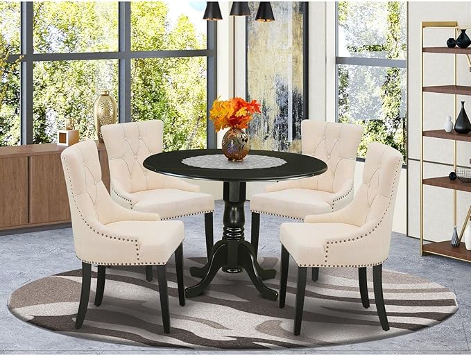 East West Furniture DLFR5-BLK-02 Nook Kitchen Table Set - 4 Parson Dining Room Chairs with Light Beige Linen Fabric Seat and Button tufted Back - Drop Leaves Pedestal Kitchen Table (Black Finish) - LeafyLoom