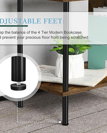 ETELI 4 Tier Bookshelf S-Shaped Small Bookcase Modern Freestanding Multifunctional Wooden Book Shelves for Farmhouse, Living Room, Bedroom, and Home Office - LeafyLoom