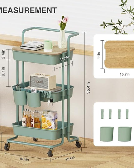 DTK 3 Tier Utility Rolling Cart with Cover Board, Rolling Storage Cart, H&le & Locking Wheels Kitchen Cart with 2 Small Baskets & 4 Hooks for Bathroom Office Balcony Living Room(Turquoise)Large - LeafyLoom