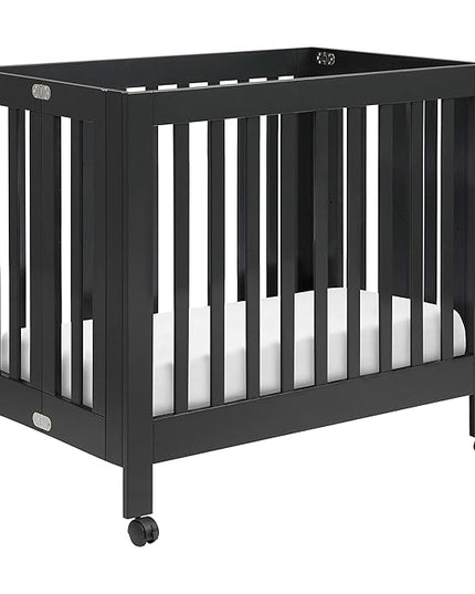 Babyletto Origami Mini Portable Folding Crib with Wheels in Black, 2 Adjustable Mattress Positions, Greenguard Gold Certified - LeafyLoom