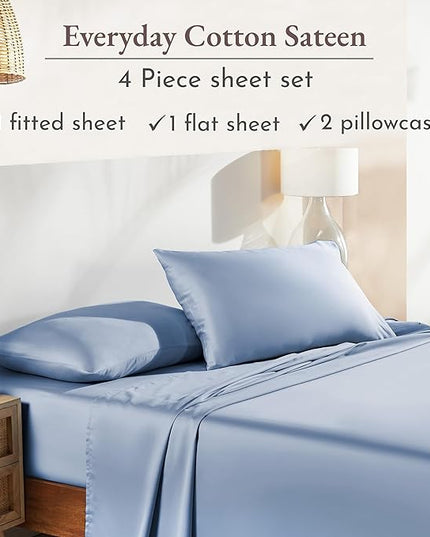 California Design Den Soft 100% Cotton Sheets King Size Bed Sheets Set with Deep Pockets, 4 Piece King Sheets Set with Sateen Weave, Cooling Sheets (Blue) - LeafyLoom