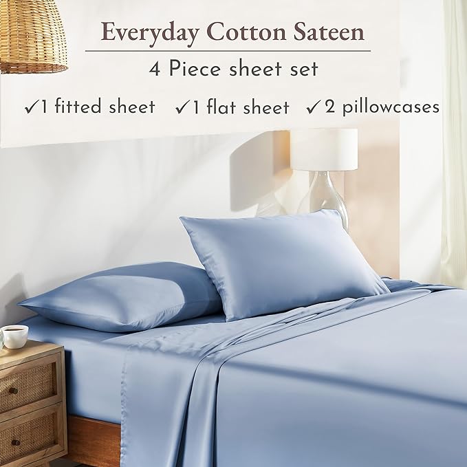 California Design Den Soft 100% Cotton Sheets King Size Bed Sheets Set with Deep Pockets, 4 Piece King Sheets Set with Sateen Weave, Cooling Sheets (Blue) - LeafyLoom