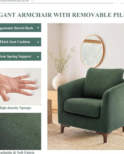 COLAMY Sherpa Accent Chair with Storage Ottoman Set of 2, Upholstered Barrel Arm Chair with Footrest, Modern Living Room Chair with Back Pillow, Green - LeafyLoom