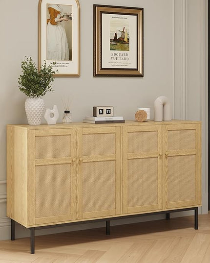 Lifewit Rattan Sideboard Buffet Cabinet, Console Table, Credenza, Storage Cabinet, Coffee Bar Cabinet for Kitchen, Dining Room, Living Room, Entryway, 4 Doors, Natural - LeafyLoom